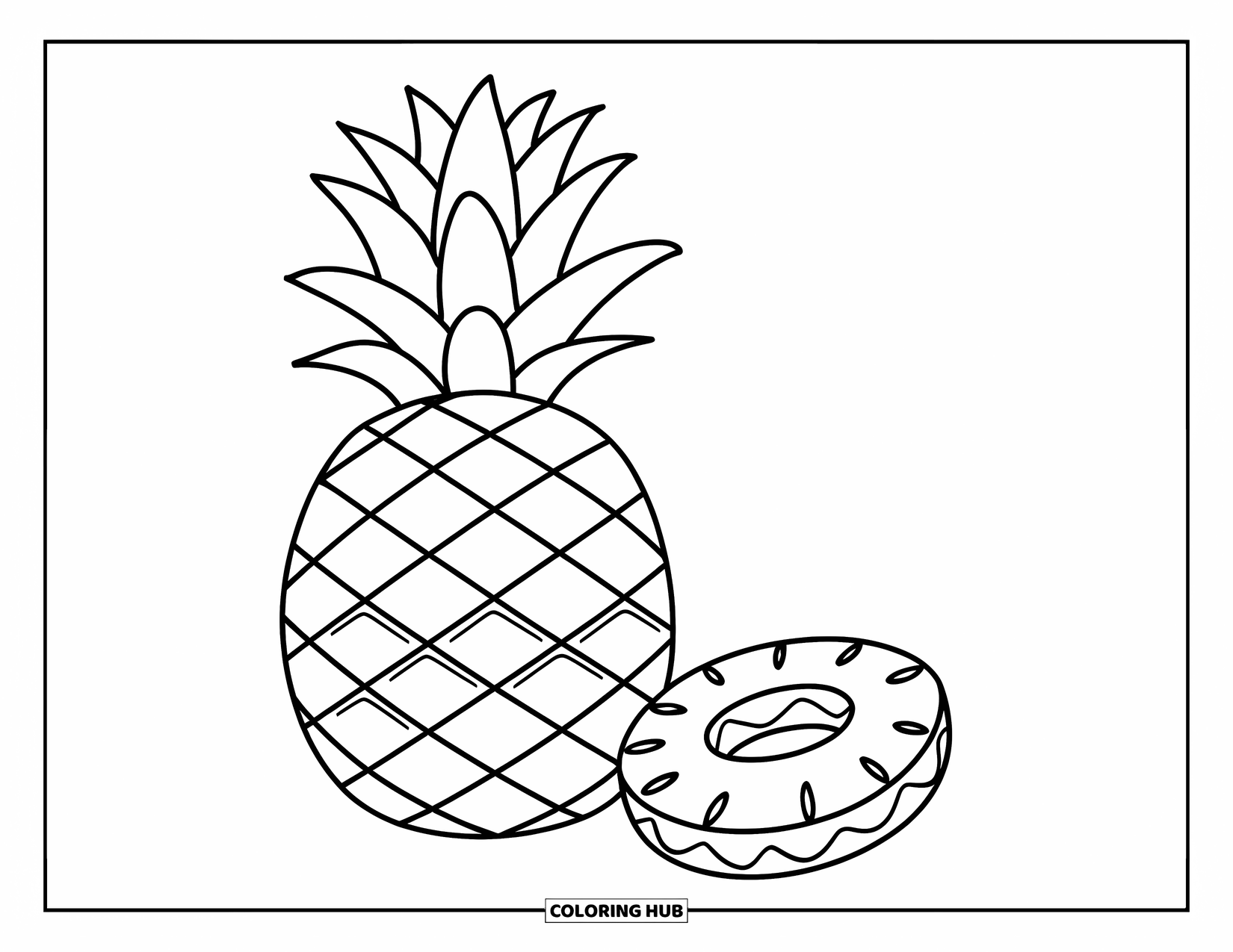 Pineapple Coloring Page for Kids: Whole pineapple beside a pineapple ring slice with a playful, simple design