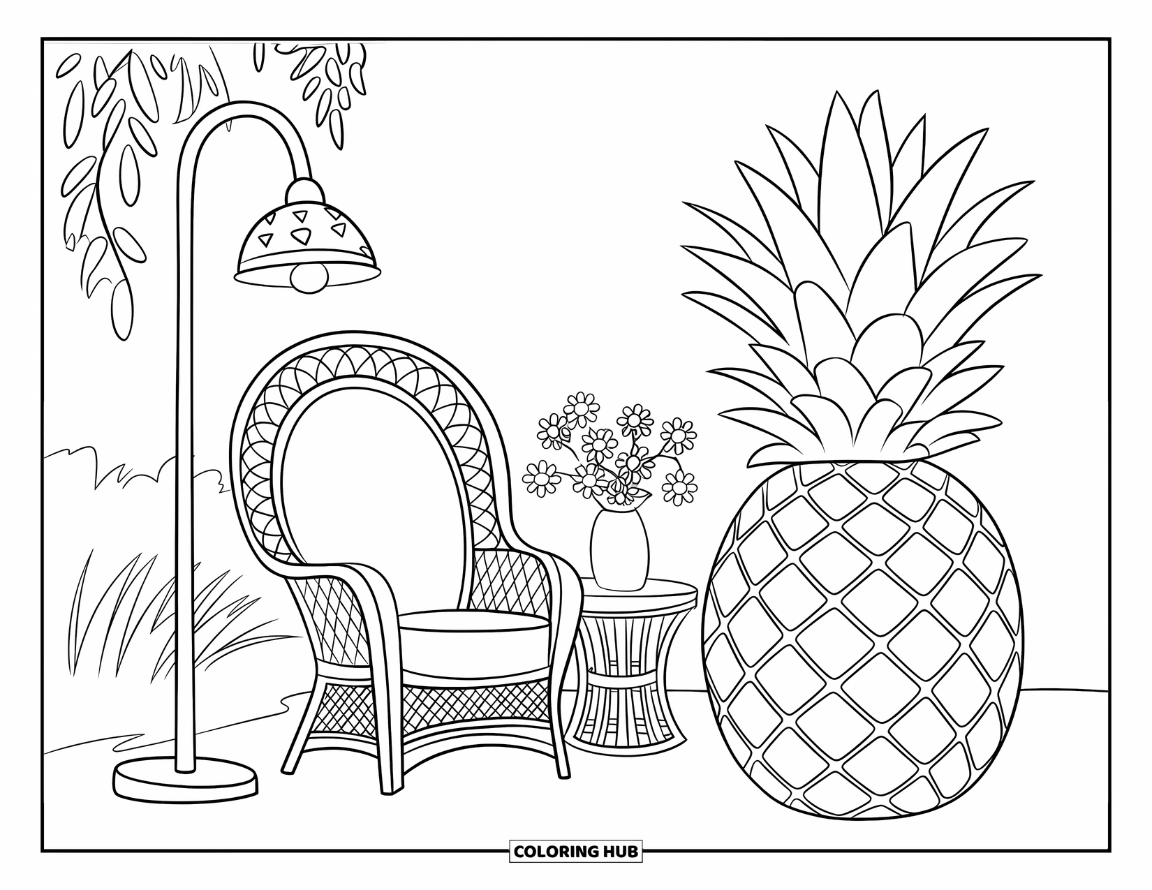 Pineapple Coloring Page for Kids: Wicker chair, flower vase, and pineapple lamp on a lush summer patio