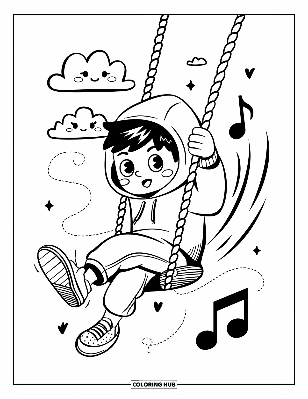Playground Coloring Page for Adults: A boy in a hoodie swings up high as his shoe flies through the air
