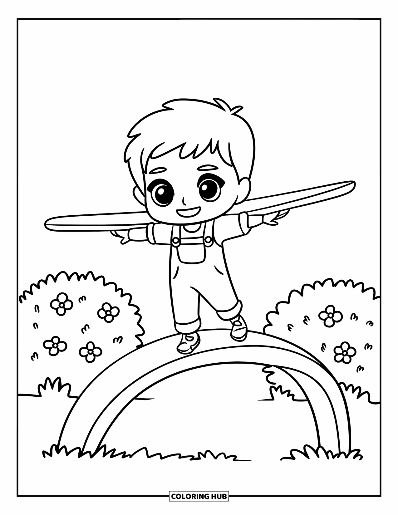 Playground Coloring Page for Adults: A boy walks the curved beam with airplane arms near blooming flower bushes