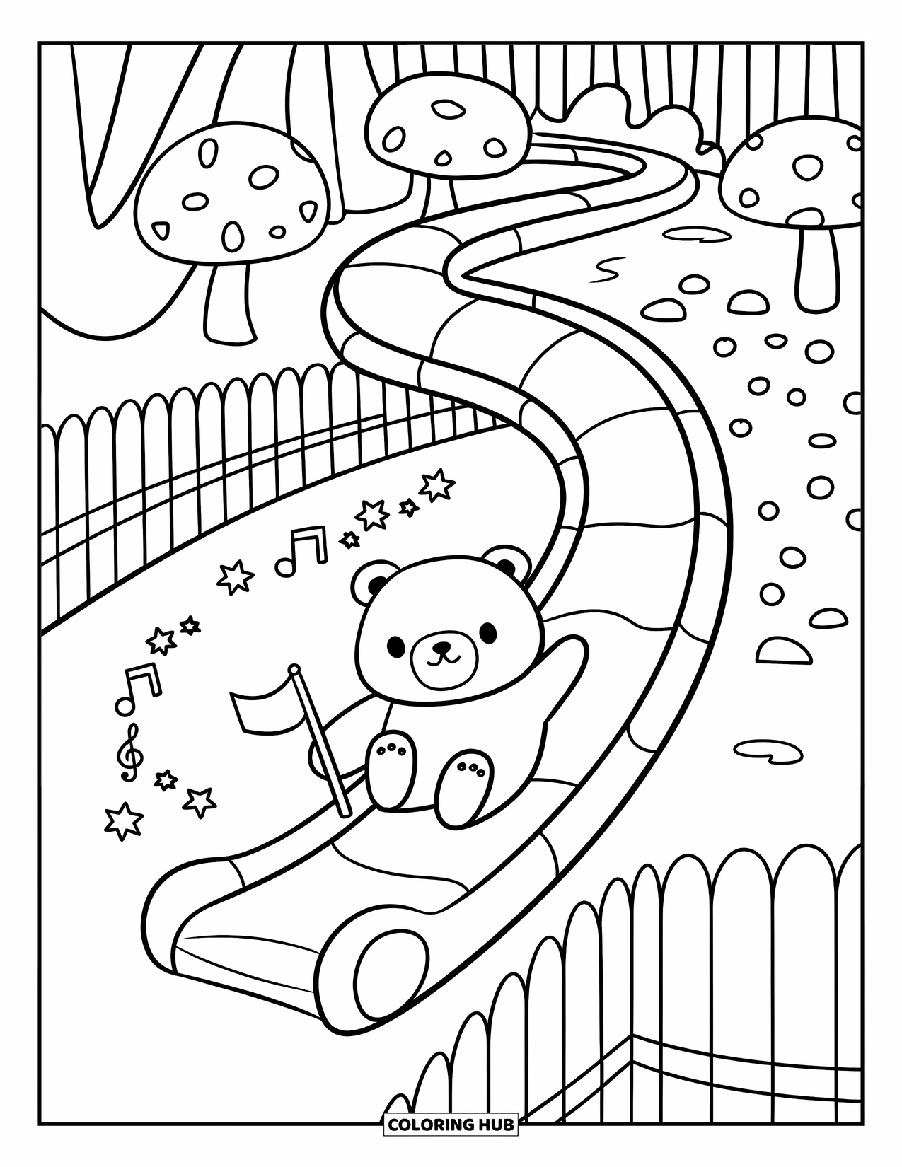 Playground Coloring Page for Adults: A cute bear slides with a flag as stars and music swirl behind