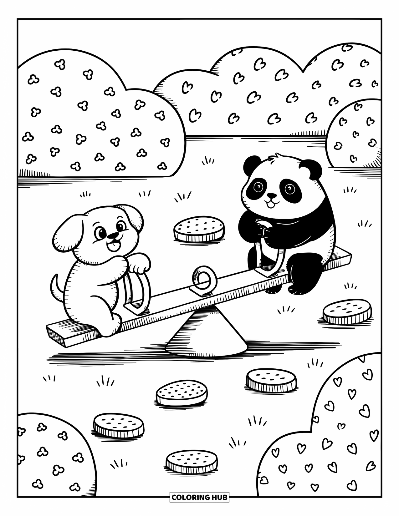 Playground Coloring Page for Adults: A dog and panda play on a see-saw with candy-shaped stones nearby