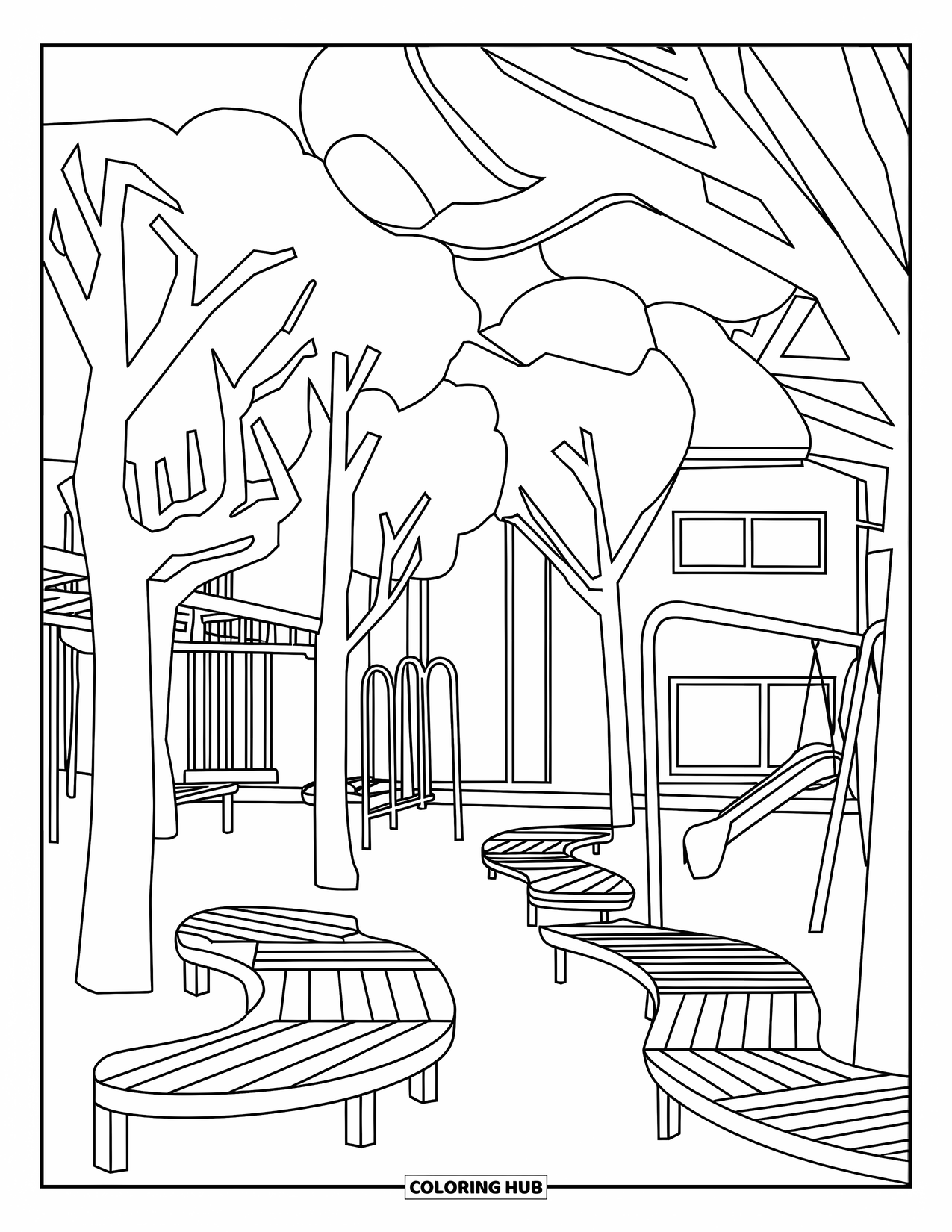 Playground Coloring Page for Adults: A peaceful playground corner with swings, benches, and trees near a distant building