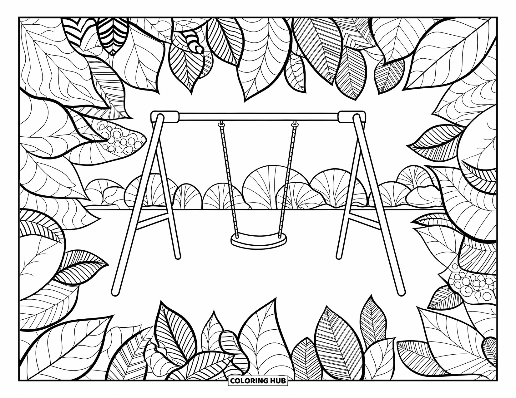 Playground Coloring Page for Adults: A single swing moves gently in a quiet playground surrounded by patterned leaves