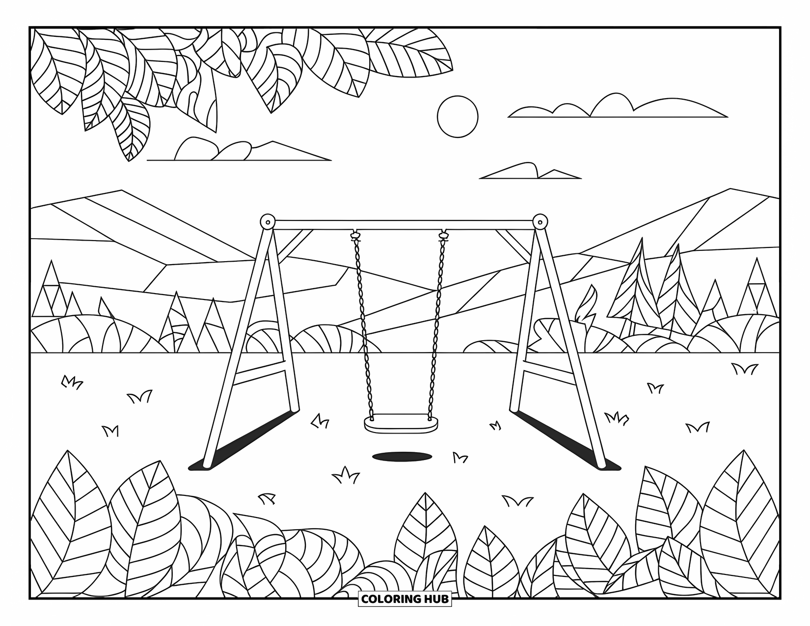 Playground Coloring Page for Adults: A swing sways at dusk in a peaceful playground framed by patterned leaves