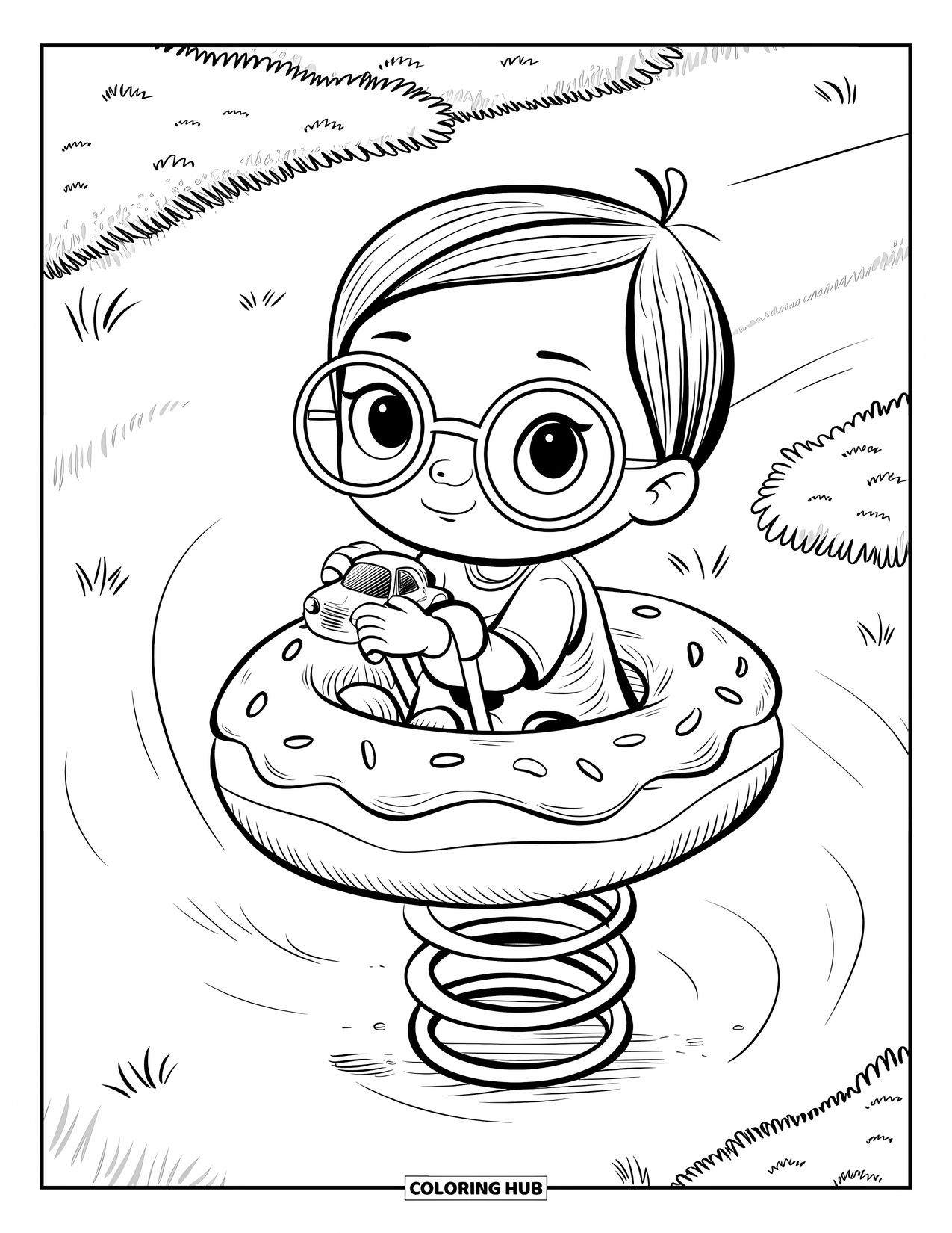 Playground Coloring Page for Adults: A toddler clutches a toy car while bouncing on a donut-shaped spring rider