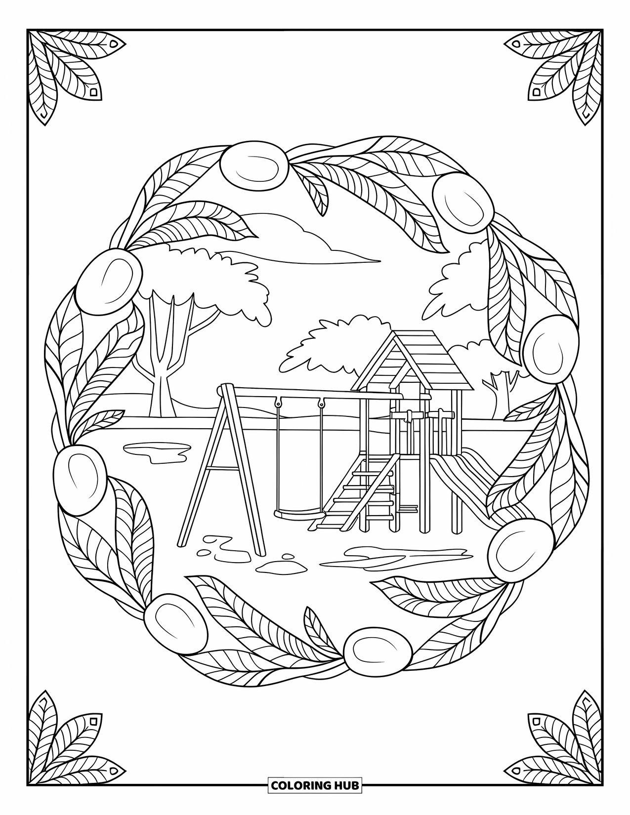 Playground Coloring Page for Adults: Playground structures blend with leaf and stone mandala designs in a peaceful setting