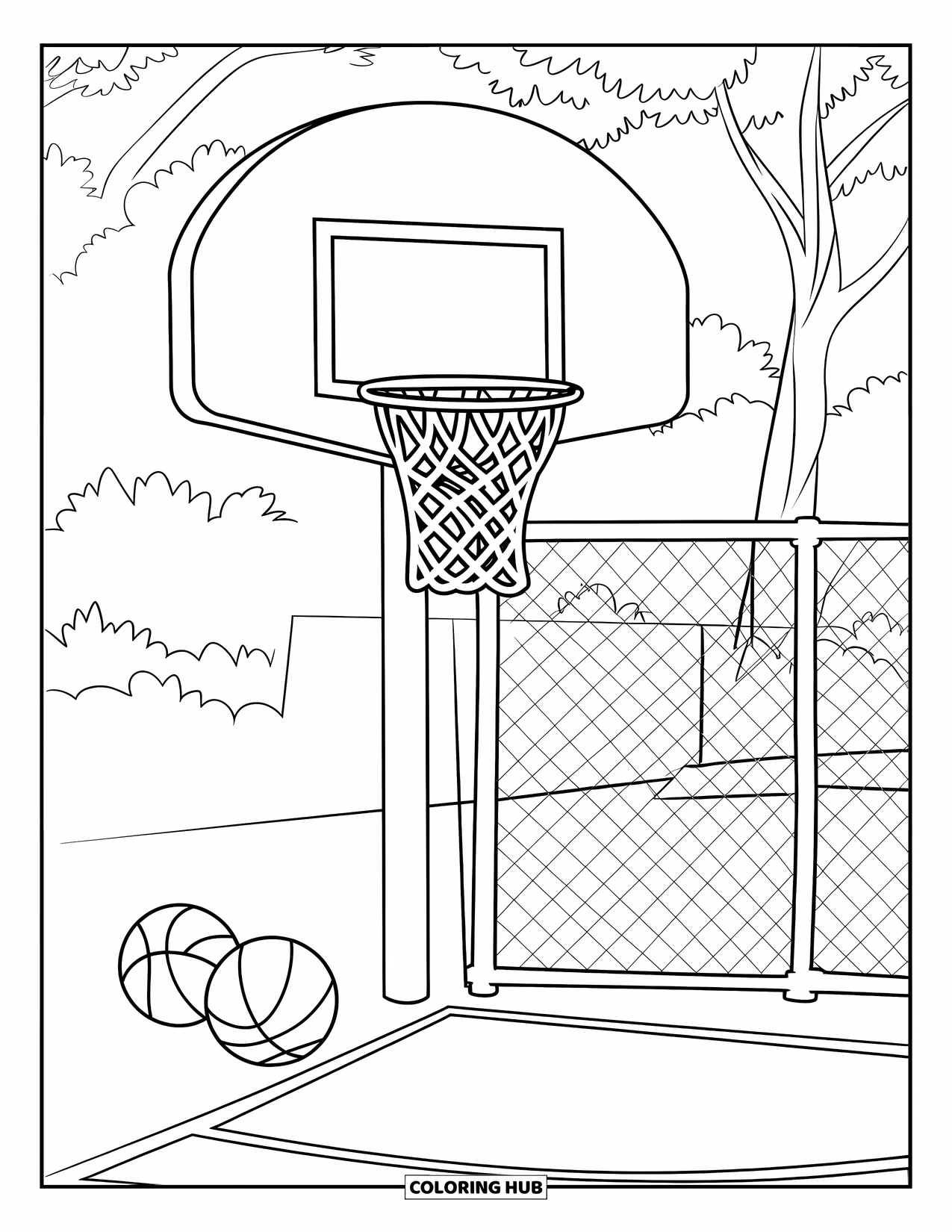 Playground Coloring Page for Kids: A basketball hoop stands in a quiet playground corner with balls scattered on the ground