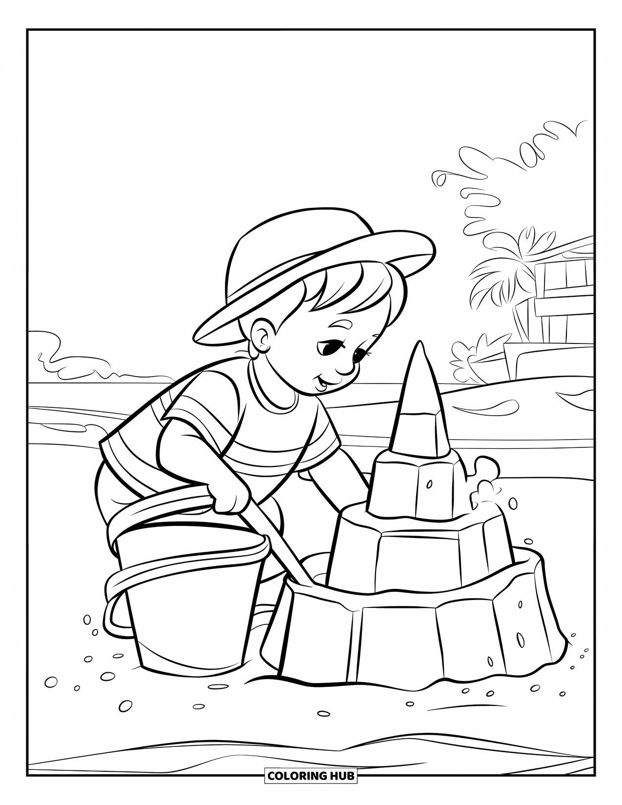 Playground Coloring Page for Kids: A child builds a tall sandcastle with a bucket and spade under a clear sky