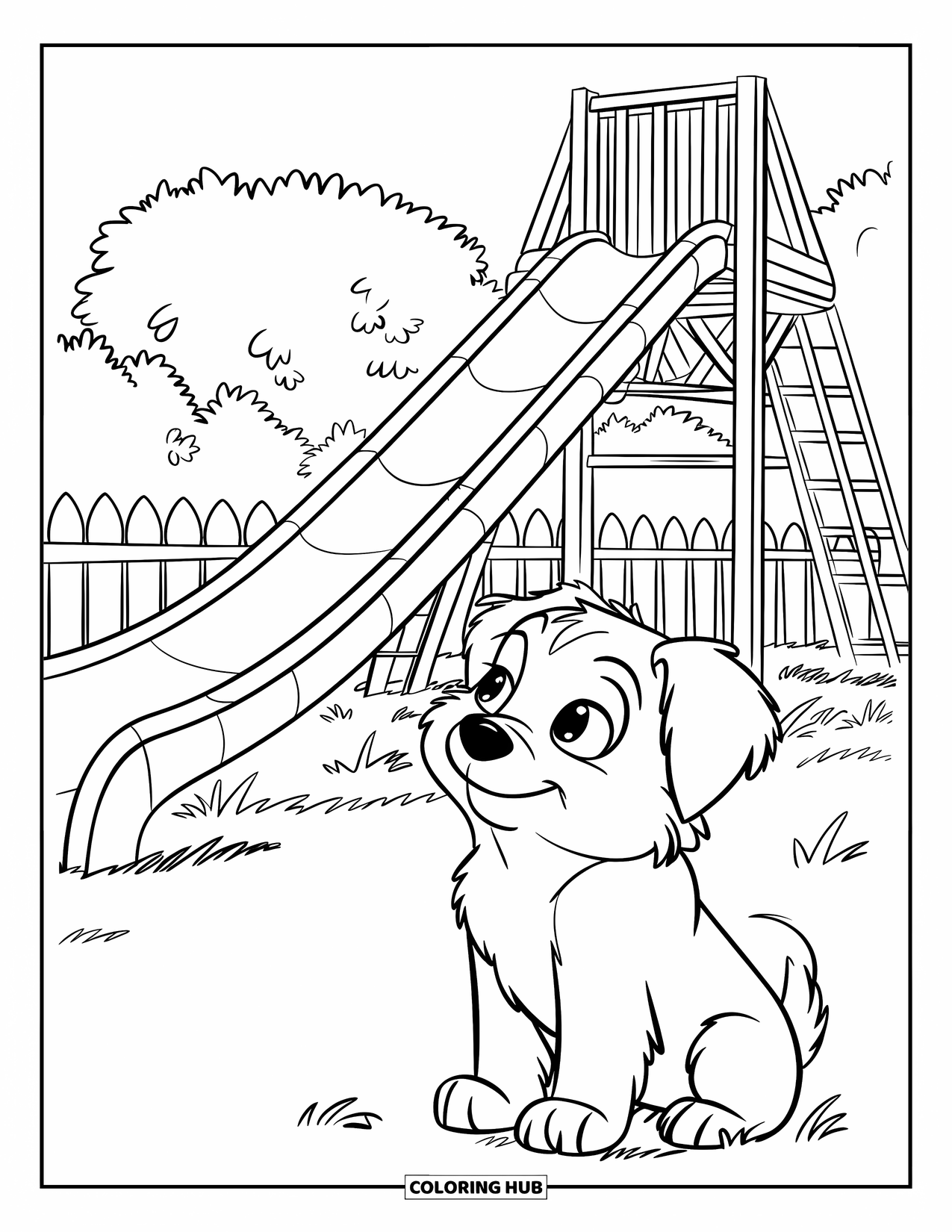 Playground Coloring Page for Kids: A chubby puppy with a fluffy coat sits near a wooden slide and fence