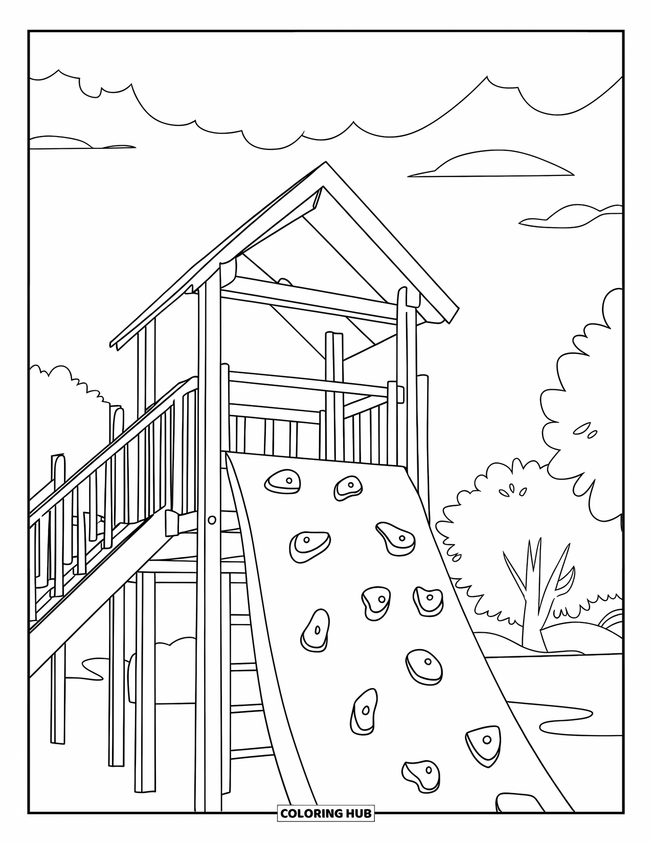 Playground Coloring Page for Kids: A climbing wall with shaped grips stands on a tower beneath clouds and trees