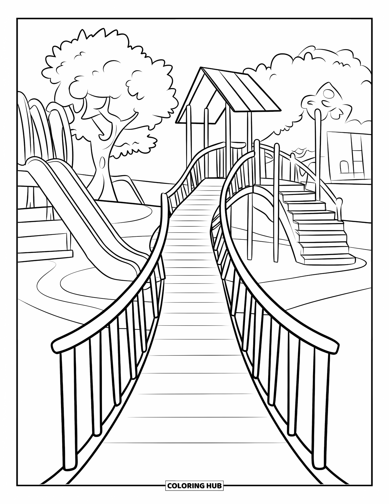 Playground Coloring Page for Kids: A curved bridge connects play structures with slides, swings, and stairs near trees and a building