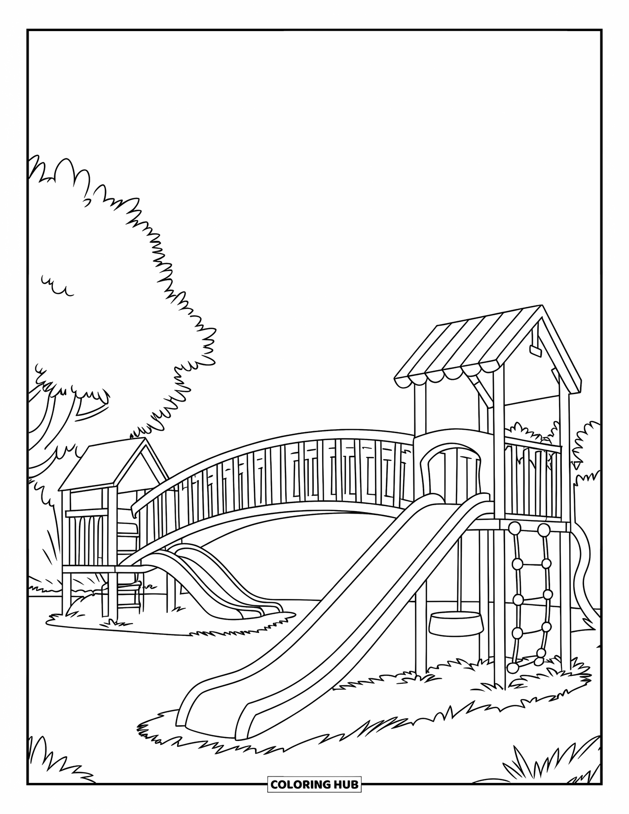 Playground Coloring Page for Kids: A curved bridge connects two playgrounds with a slide, swing, and ladder surrounded by grass