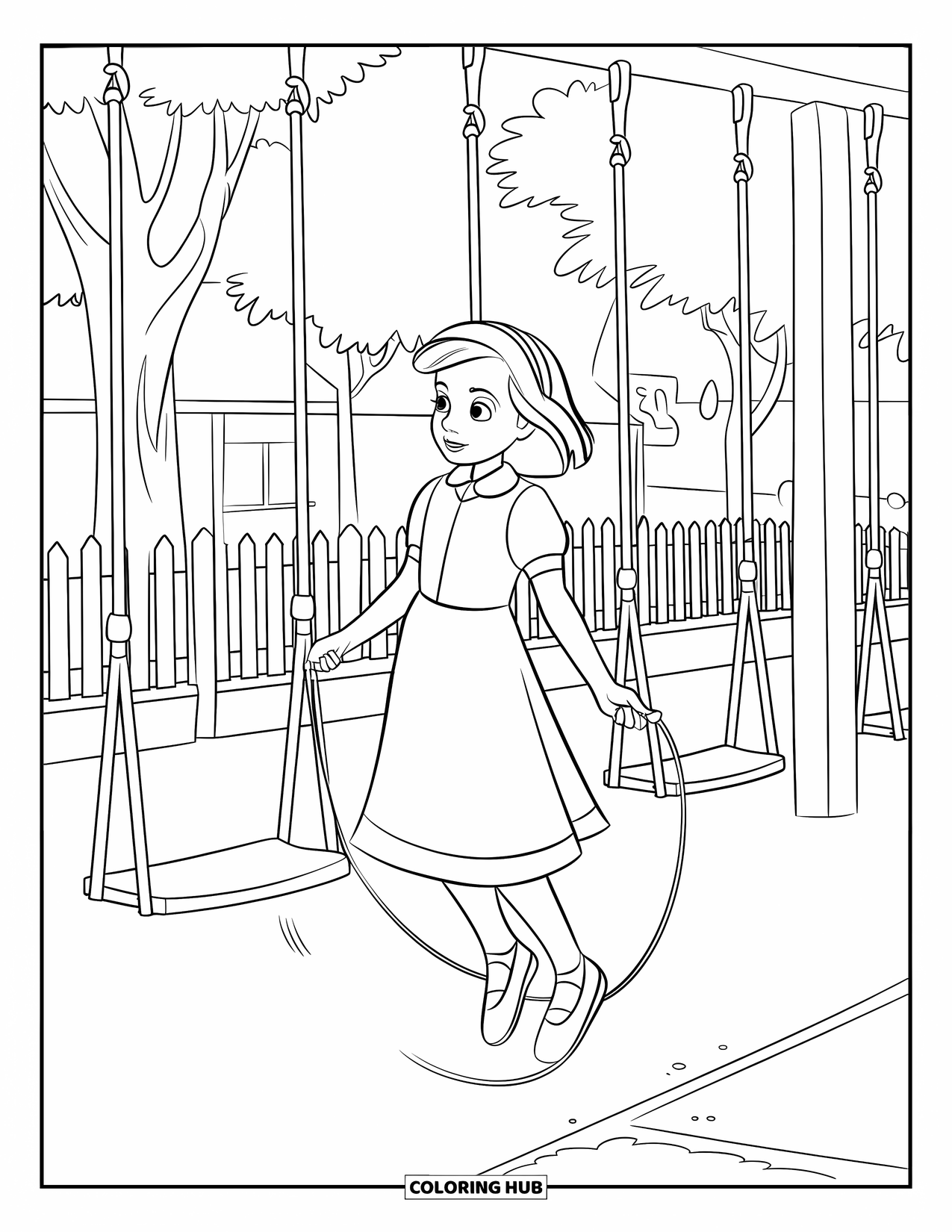 Playground Coloring Page for Kids: A girl in a dress jumps rope beside a row of swings and trees