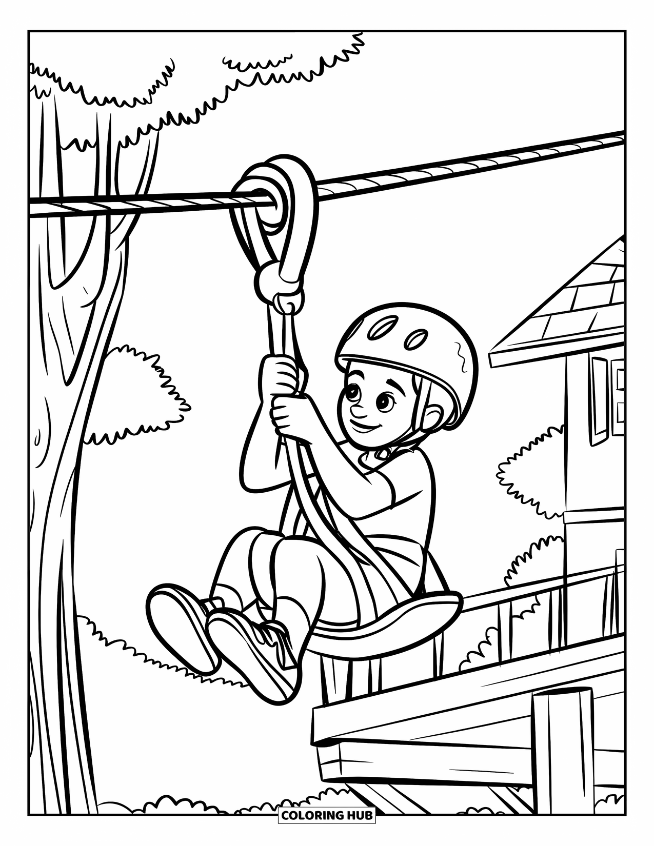 Playground Coloring Page for Kids: A helmeted kid sits ready on a zipline platform near trees and a building