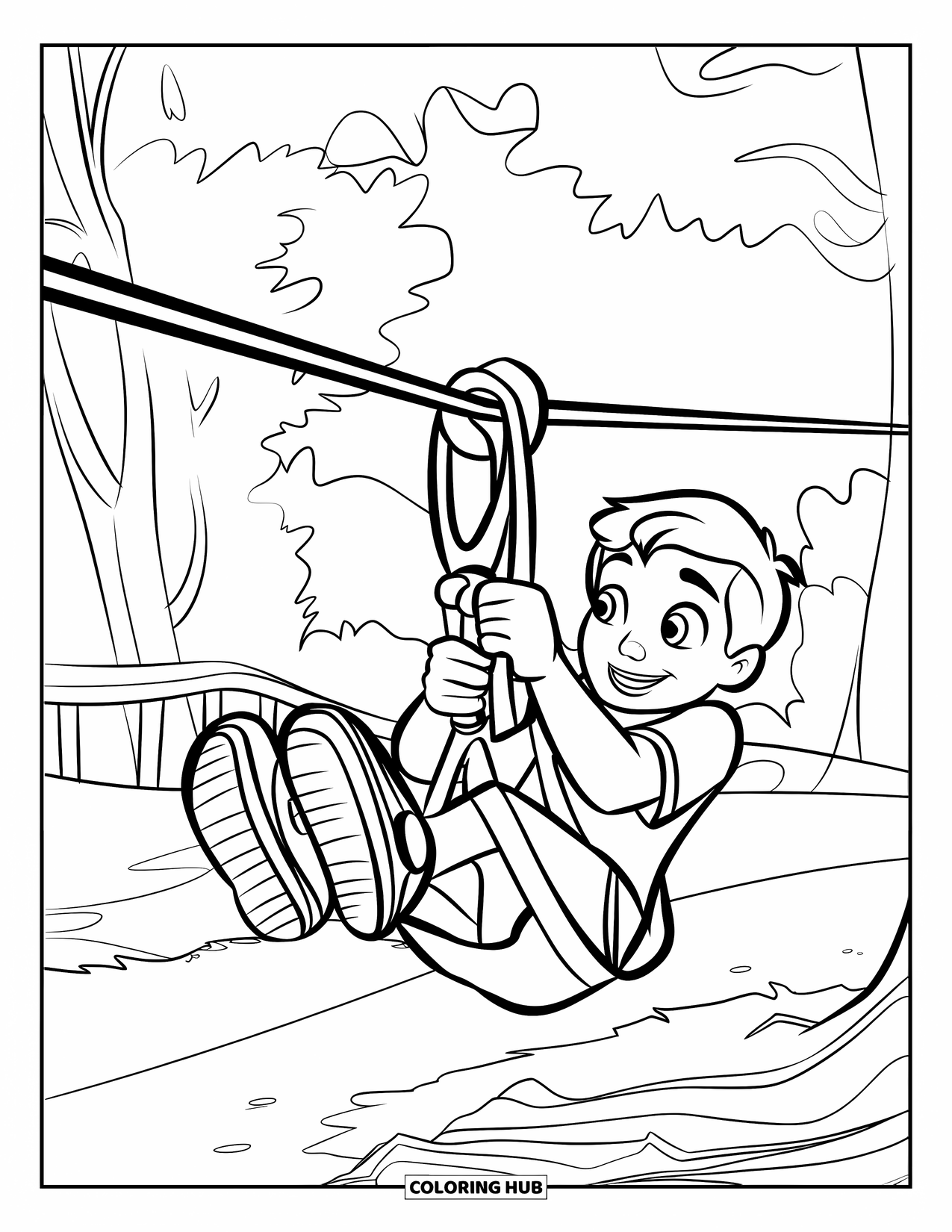 Playground Coloring Page for Kids: A kid grips a zipline handle near trees and a small bridge