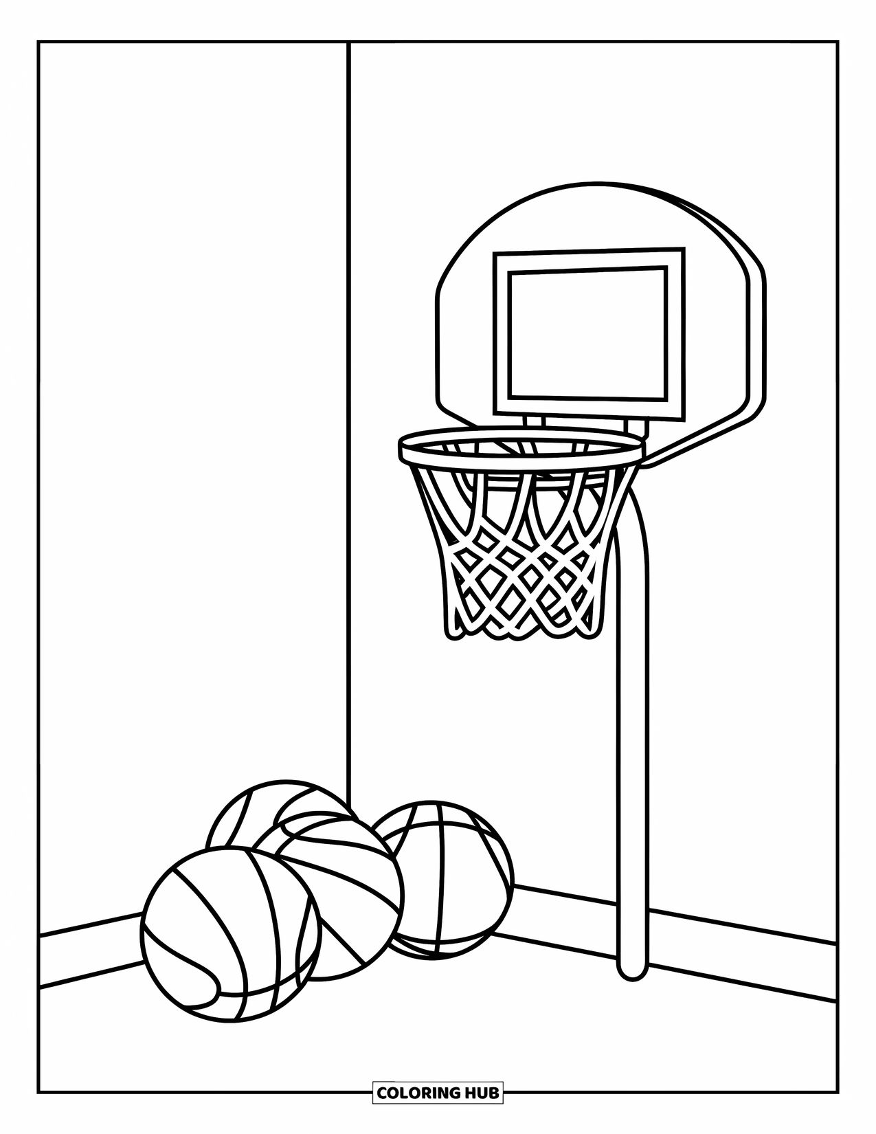 Playground Coloring Page for Kids: A playground corner holds a hoop and a few balls under scattered trees