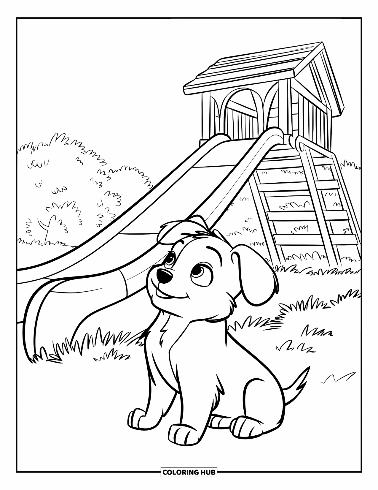 Playground Coloring Page for Kids: A puppy with floppy ears sits on grass, gazing up at a tall slide