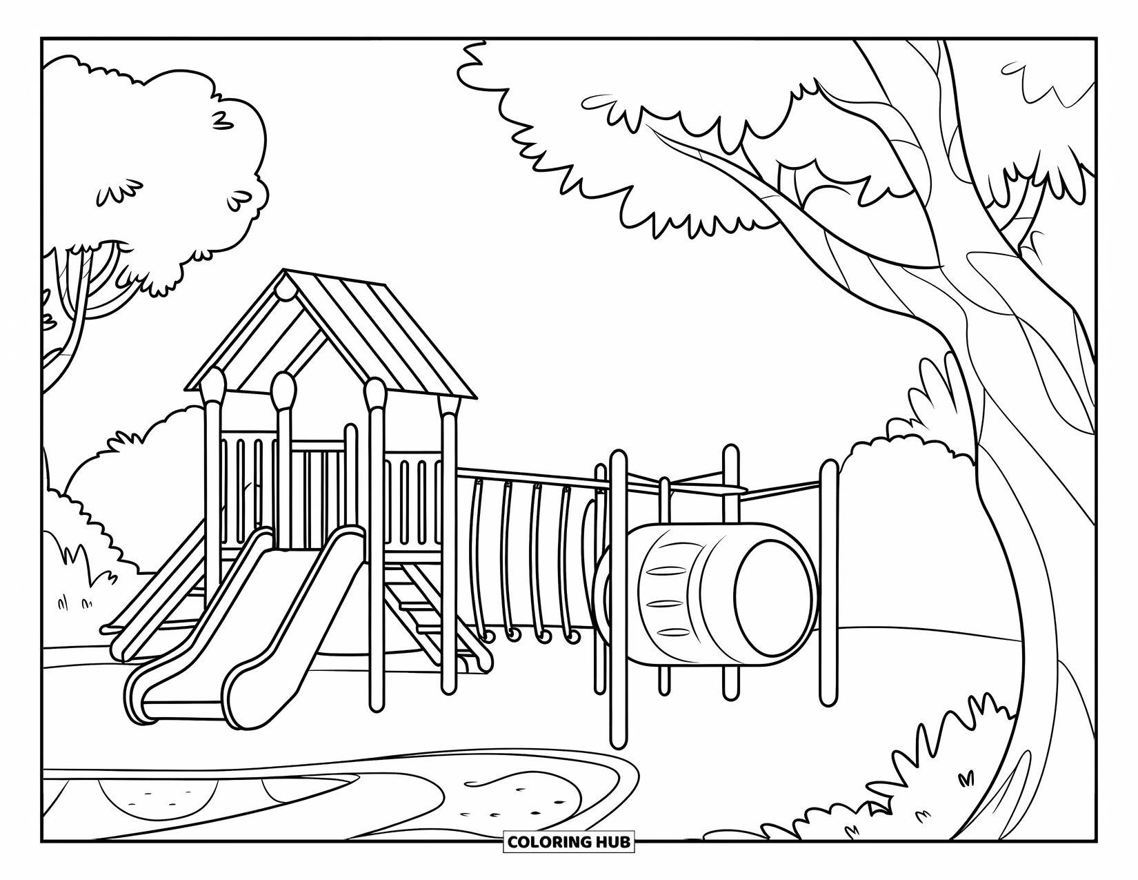 Playground Coloring Page for Kids: A slide, tunnel, and monkey bars sit in a peaceful playground surrounded by trees