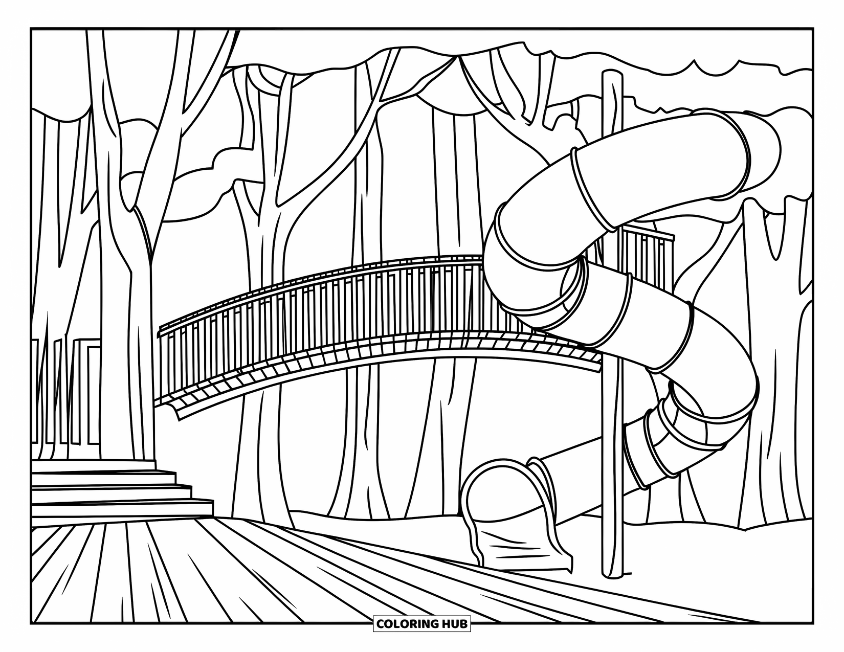 Playground Coloring Page for Kids: A spiral slide and bridge sit between tall trees on a wooden playground floor