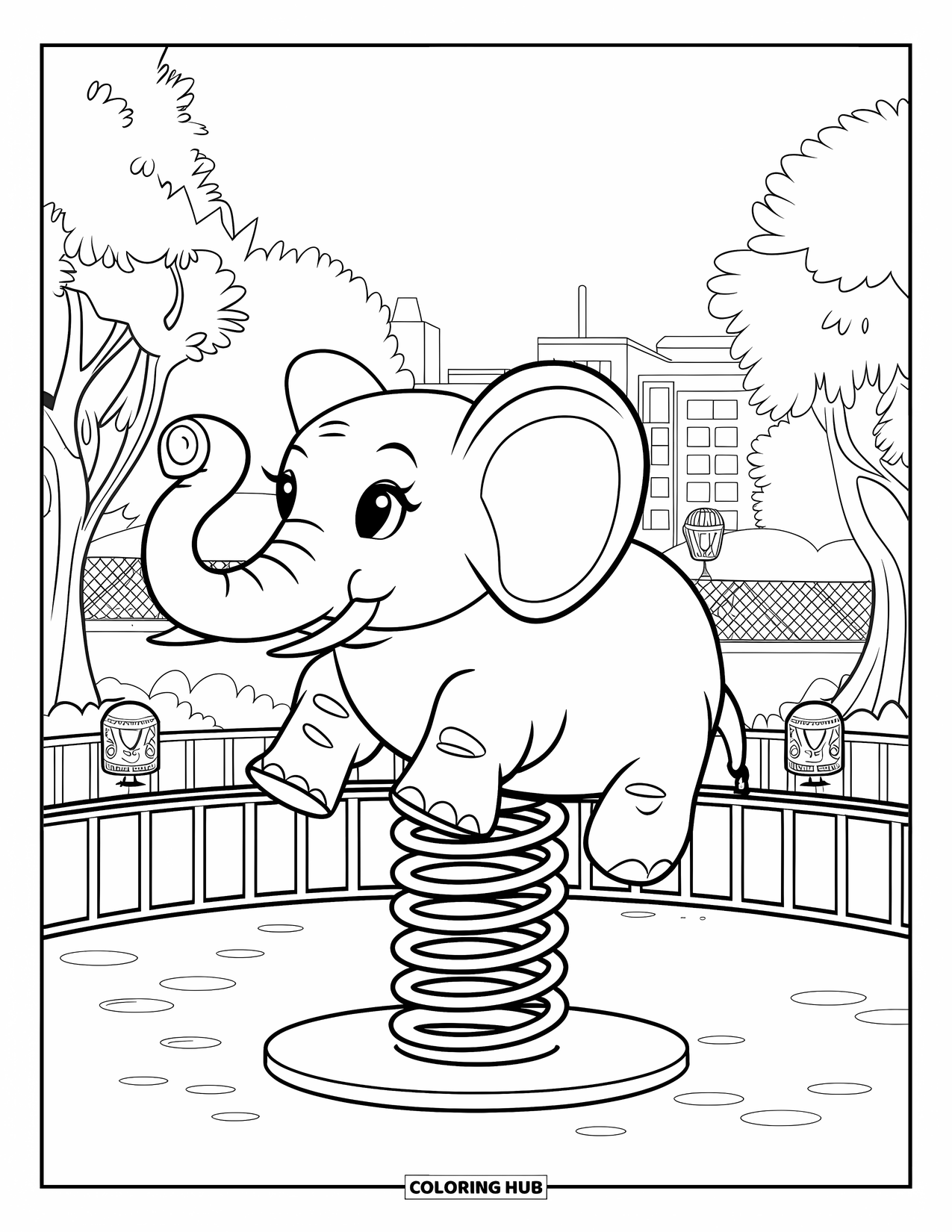 Playground Coloring Page for Kids: A spring rider shaped like an elephant stands alone in the middle of the park