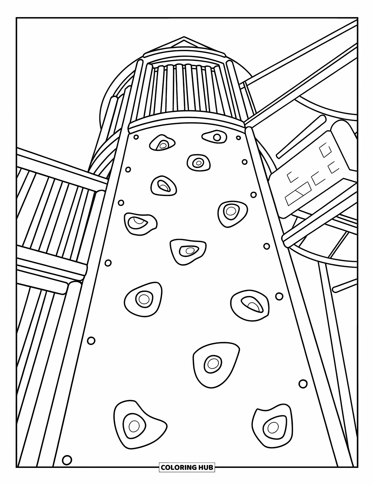 Playground Coloring Page for Kids: A tall playground tower features a climbing wall with shaped grips and multiple levels
