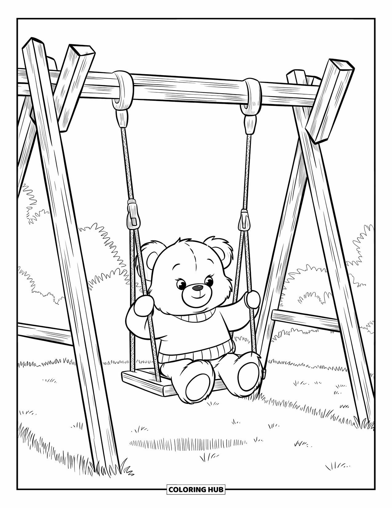 Playground Coloring Page for Kids: A teddy bear in a sweater swings peacefully in a wooden frame near trees
