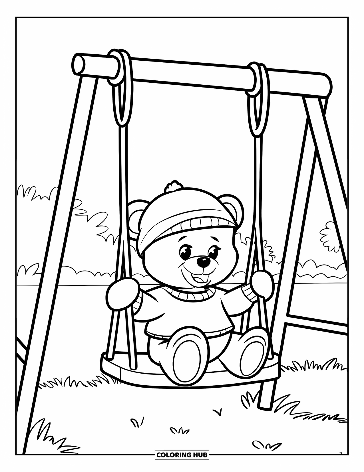 Playground Coloring Page for Kids: A teddy bear swings gently in a grassy area with trees nearby