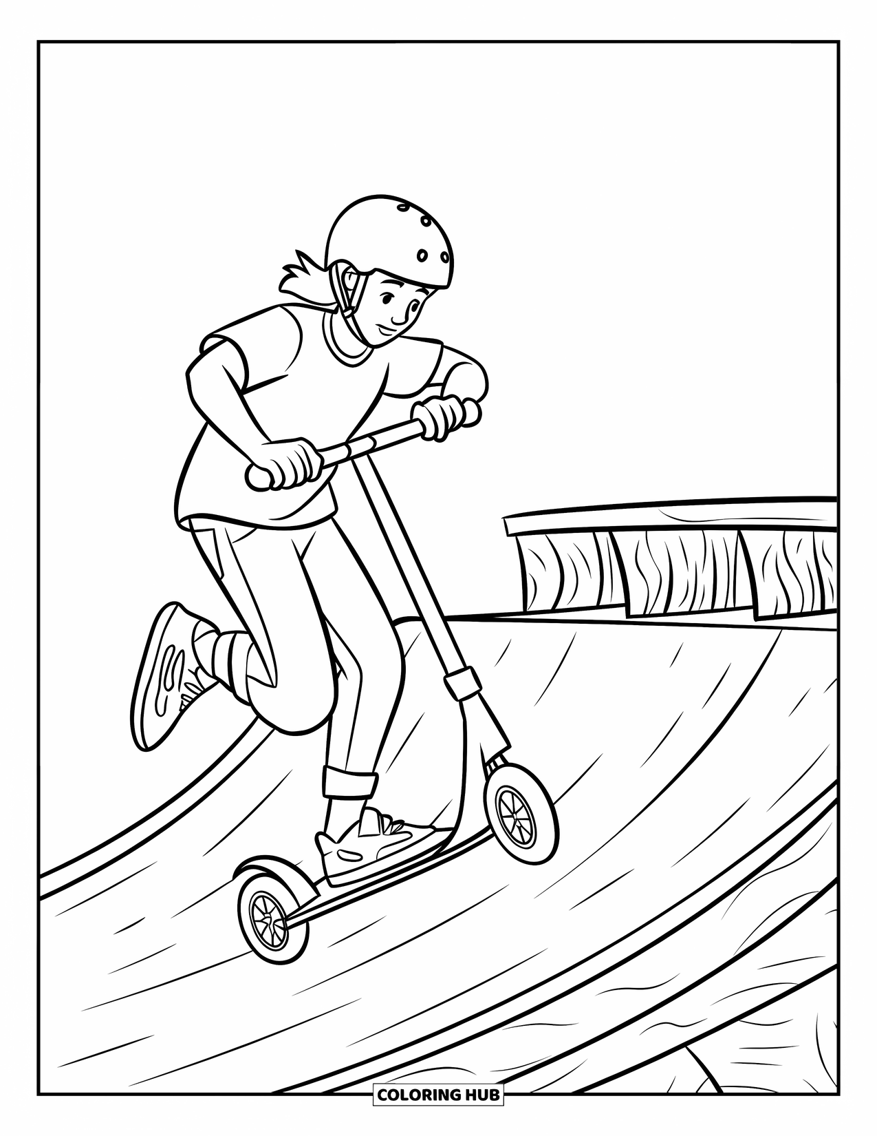 Playground Coloring Page for Kids: A teen in a helmet performs a scooter trick on a textured wooden ramp