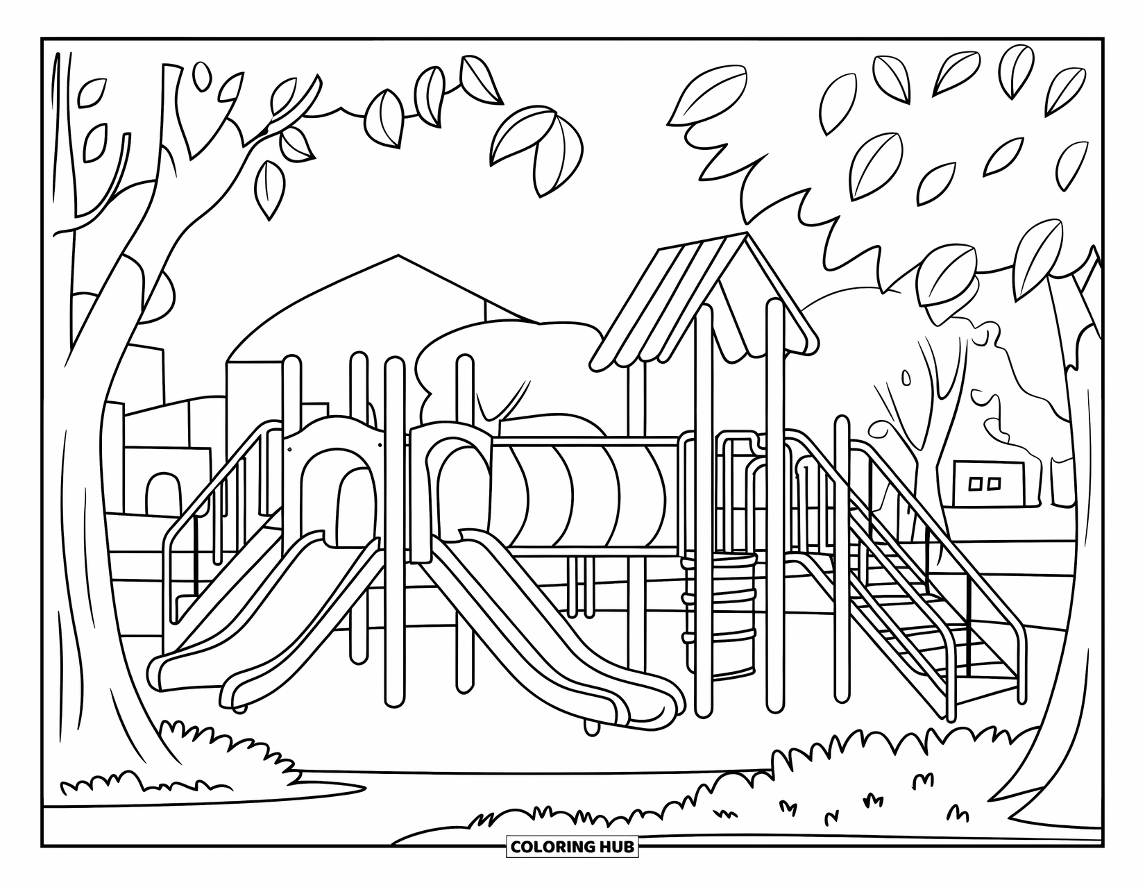 Playground Coloring Page for Kids: A wide playground view shows slides, tunnels, and monkey bars beside trees and buildings