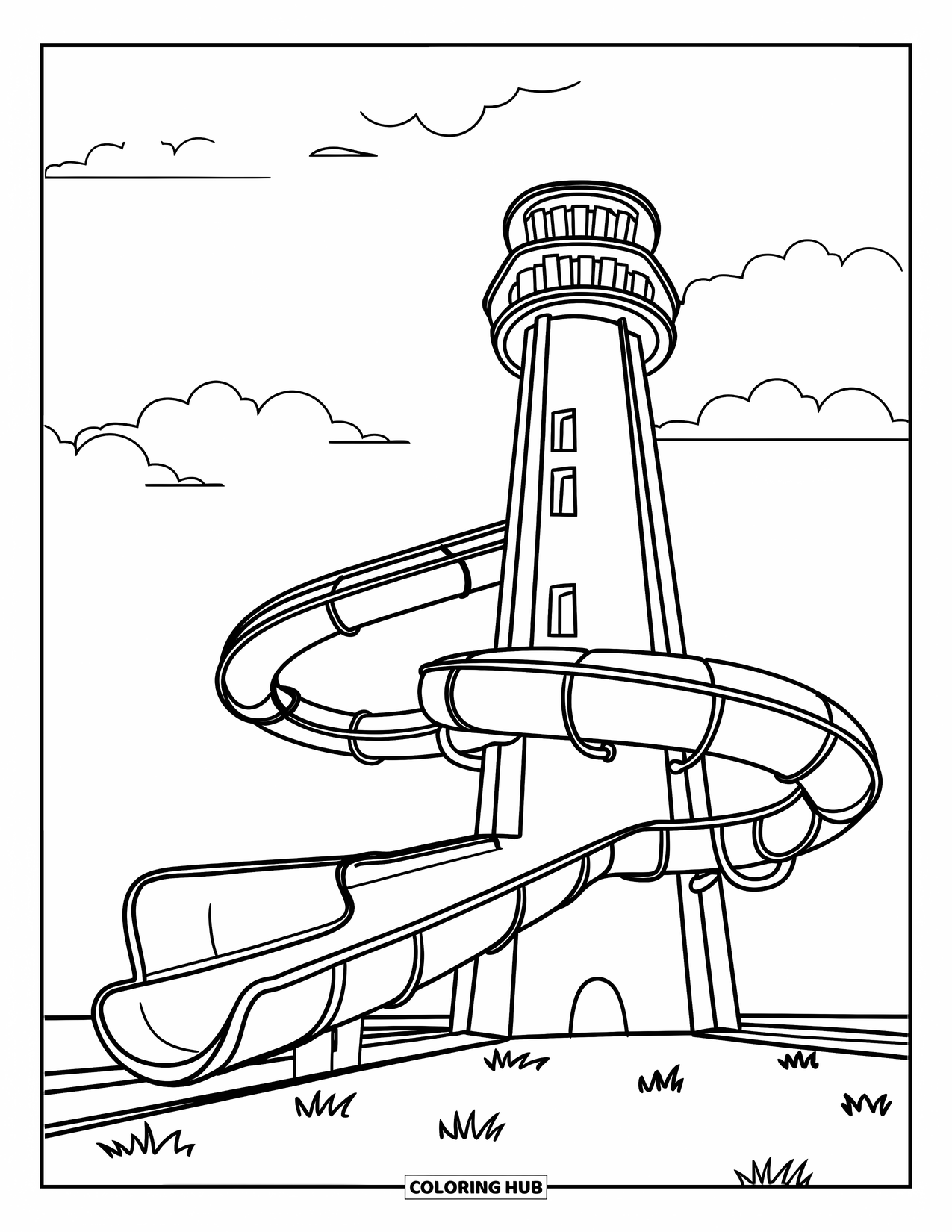 Playground Coloring Page for Kids: A winding slide wraps around a tower with windows under a sky of clouds