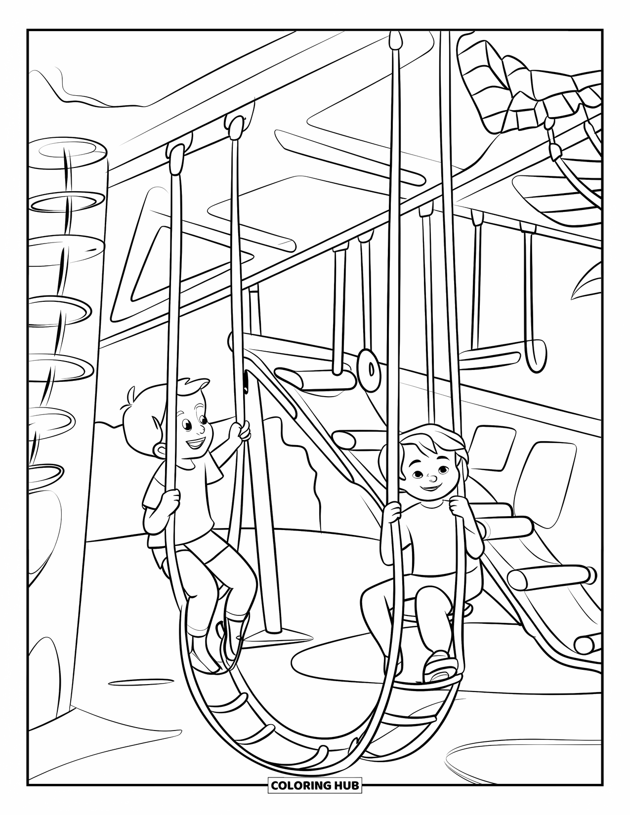 Playground Coloring Page for Kids: Kids climb ropes on a jungle gym with slides, ladders, and swings