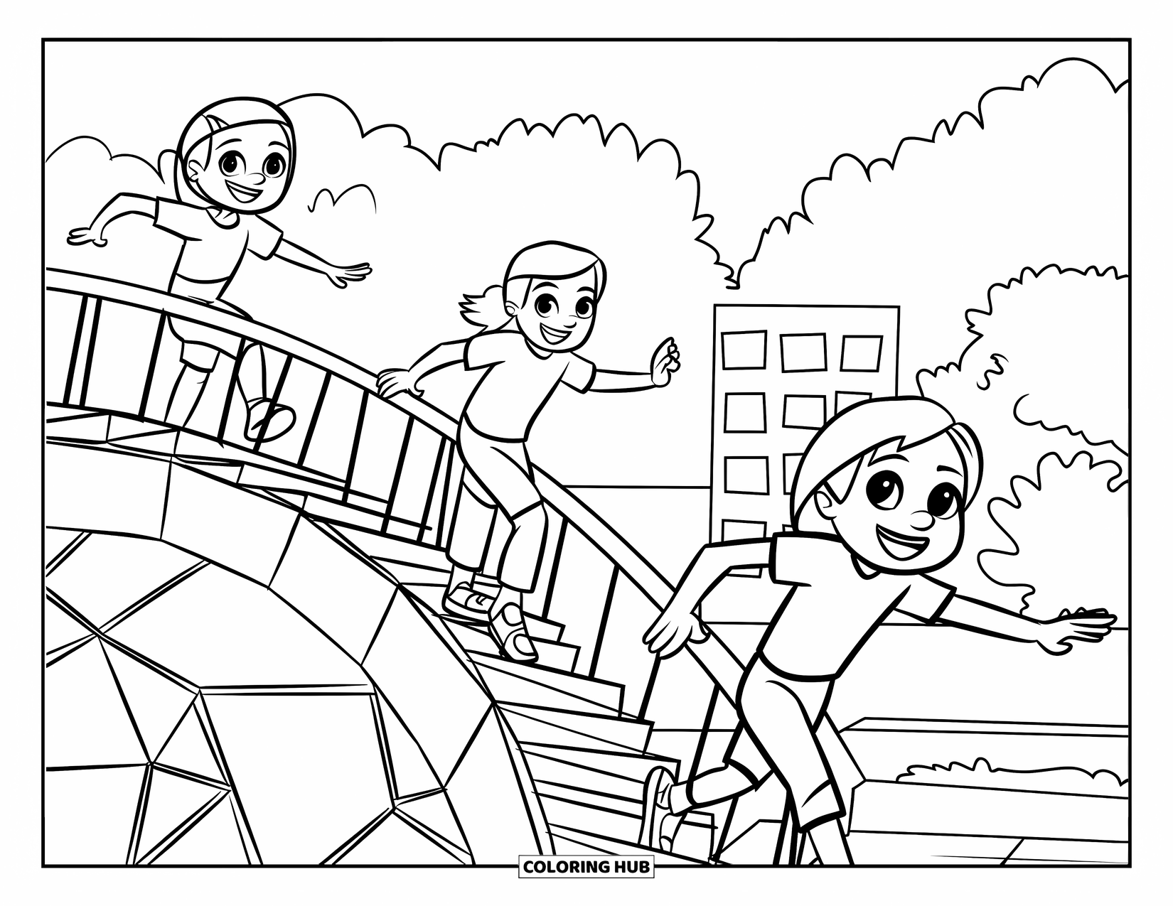 Playground Coloring Page for Kids: Three kids climb a spiral-domed structure surrounded by trees and a nearby building