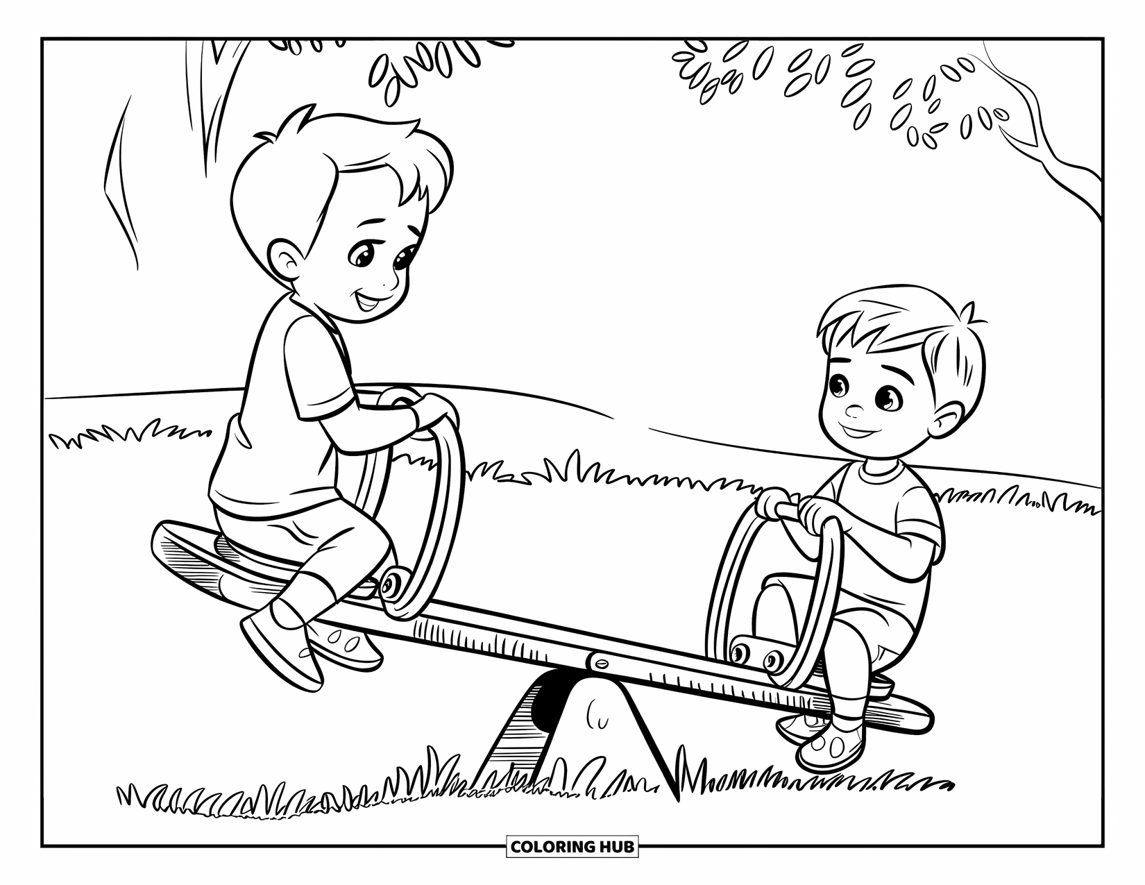 Playground Coloring Page for Kids: Two kids smile on a seesaw in a grassy field with trees around them