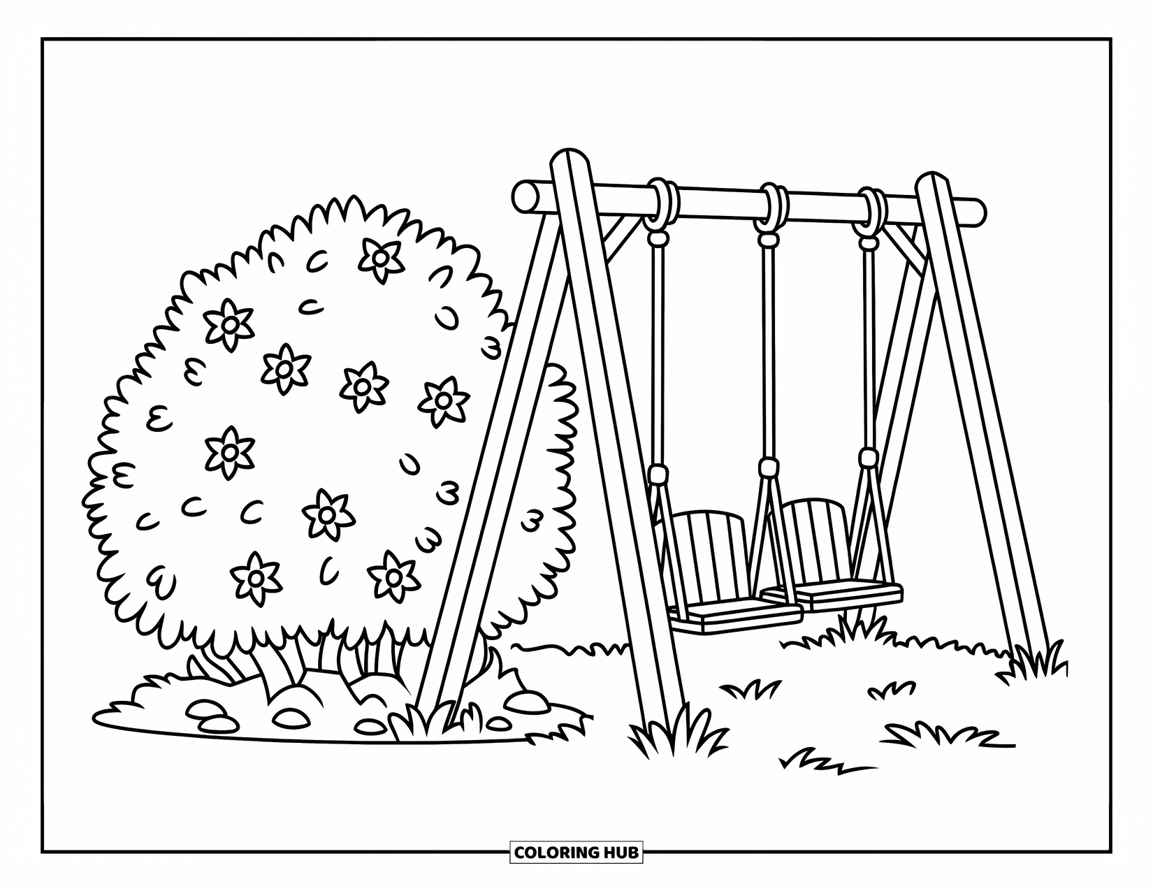 Playground Coloring Page for Kids: Two small wooden swings rest beside a leafy flower bush with stones on grassy ground