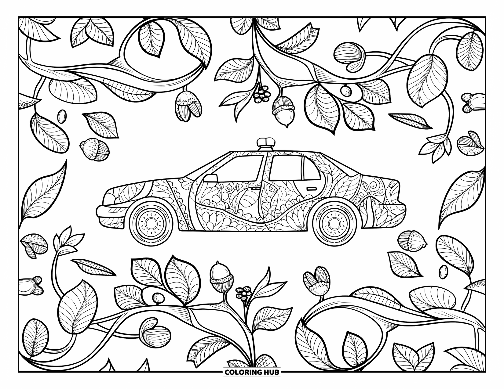Police Car Coloring Page for Adults: A car silhouette is nestled in an intricate mandala of leaves, vines, and tiny acorns