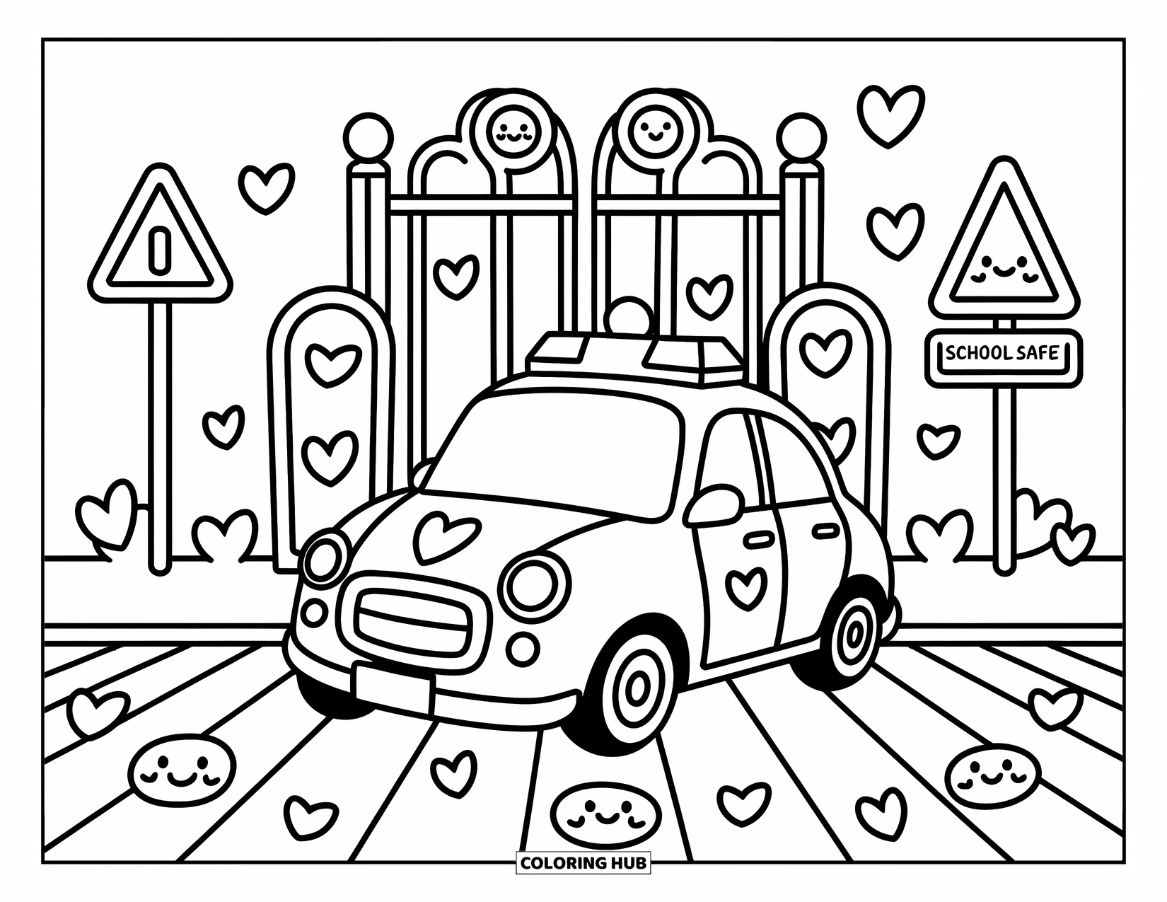 Police Car Coloring Page for Adults: A cheerful police car sits near a school zone as hearts and faces decorate the sidewalk