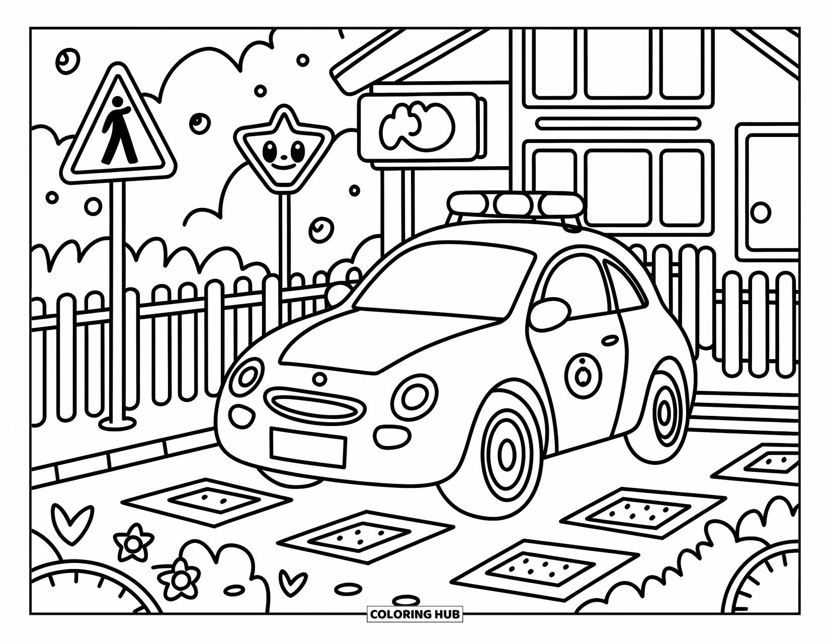Police Car Coloring Page for Adults: A cozy scene with a police car at a school crossing, surrounded by signs and chalk art