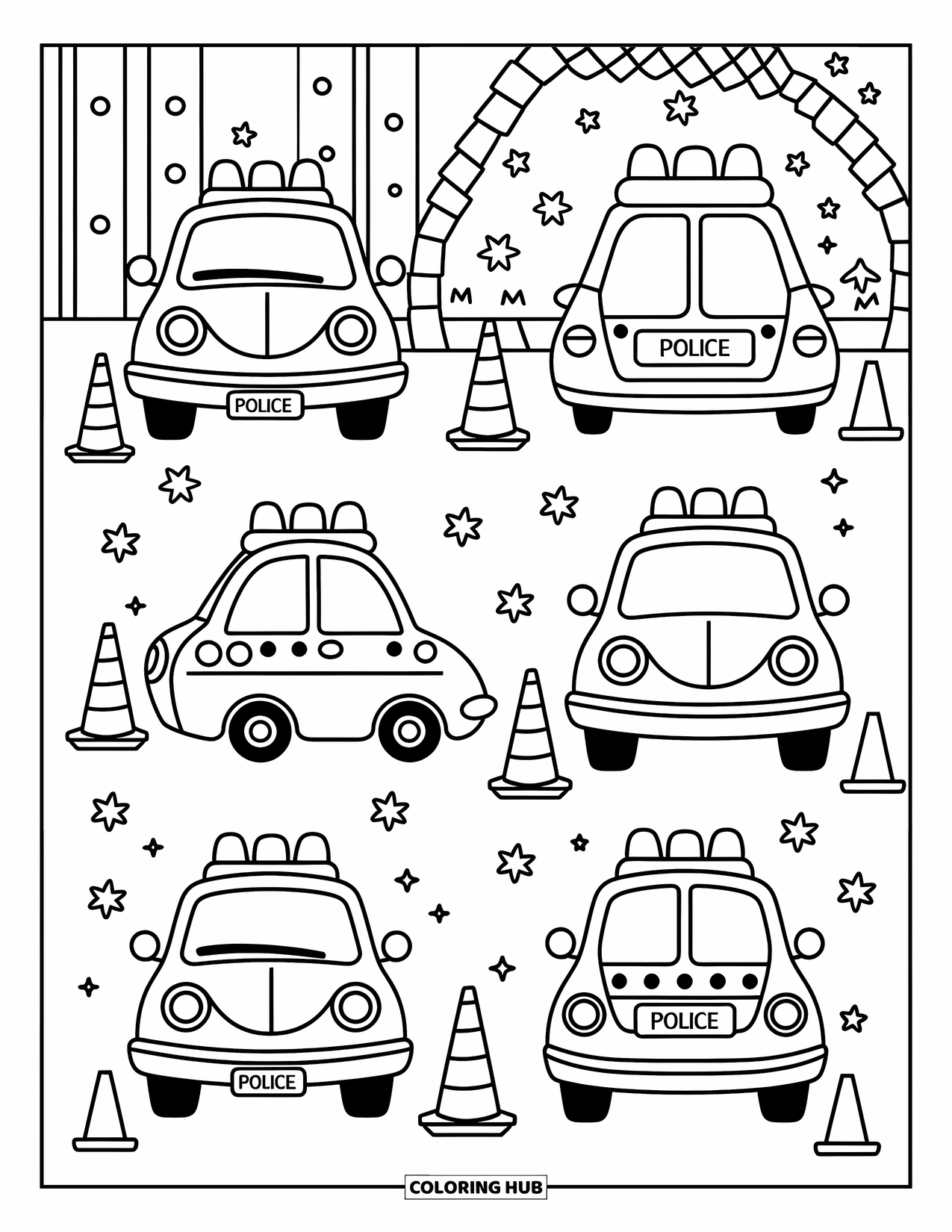 Police Car Coloring Page for Adults: A cozy trio of police car views with hearts and barriers creates a playful layout