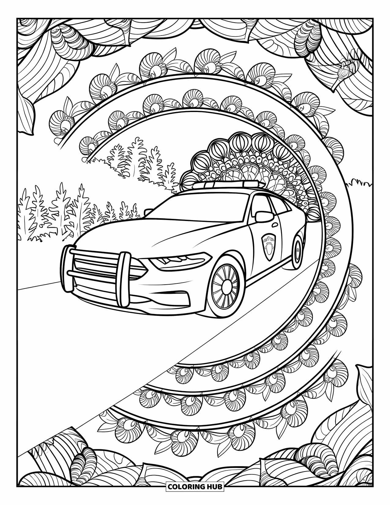 Police Car Coloring Page for Adults: A cruiser is parked among floral mandala rings and leafy borders