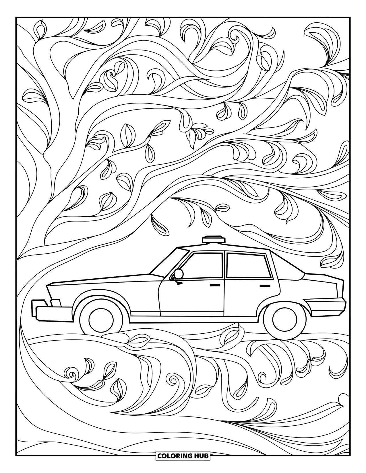 Police Car Coloring Page for Adults: A cruiser rests beside a tree wrapped in curling petals and soft floral patterns
