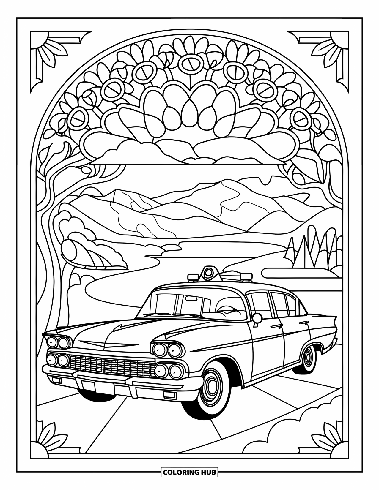 Police Car Coloring Page for Adults: A cruiser sits in front of a stained-glass floral arch with a bridge in the distance