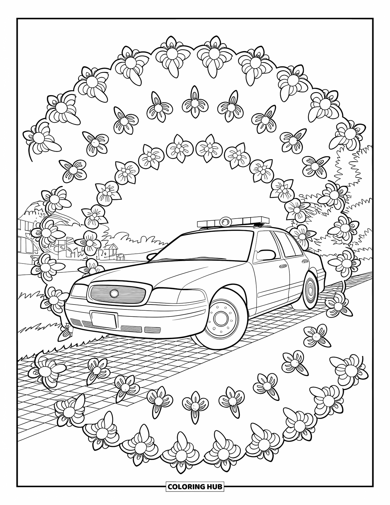 Police Car Coloring Page for Adults: A cruiser sits on a cobbled road framed by floral mandalas and leafy spirals