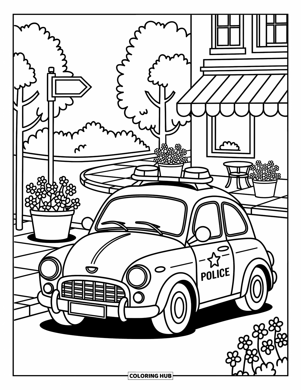 Police Car Coloring Page for Adults: A cute police car rests near a café corner with a signpost and flower pots beside it