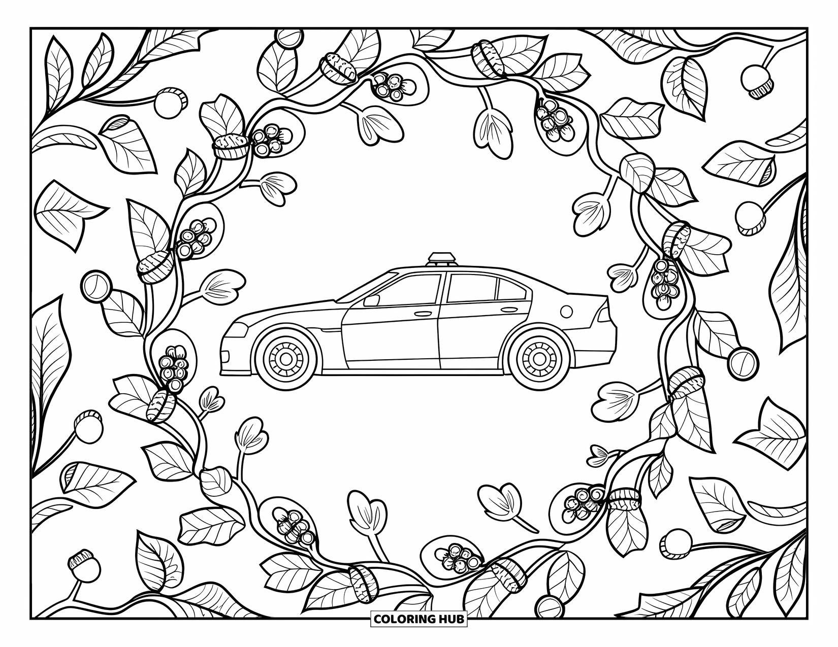 Police Car Coloring Page for Adults: A lacey mandala of berries and ivy curls around a quiet police car outline