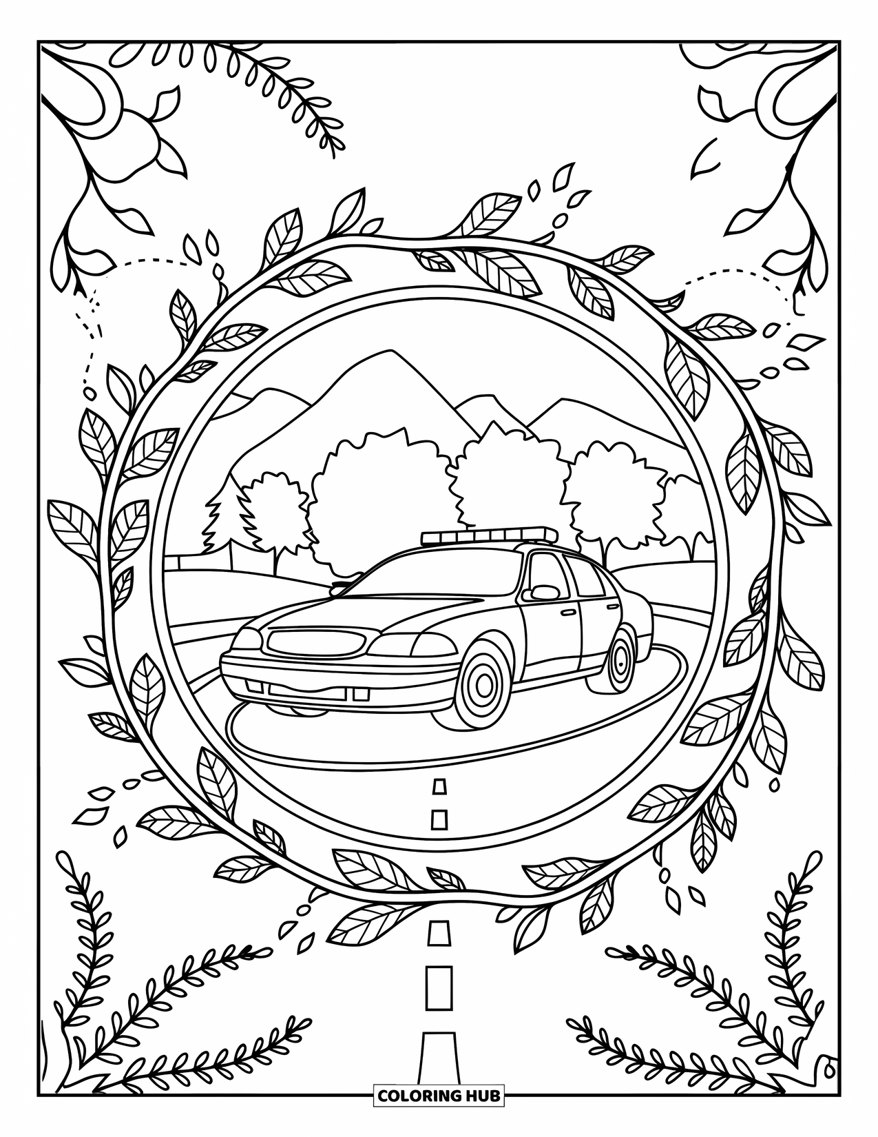 Police Car Coloring Page for Adults: A mandala of leaves and spirals surrounds a cruiser, framed by trees and hills