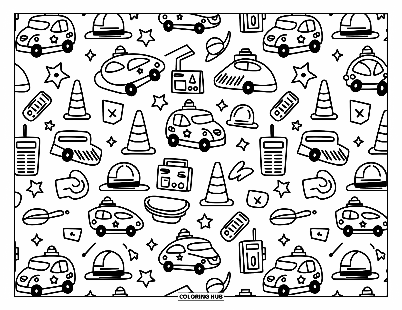 Police Car Coloring Page for Adults: A playful pattern of mini police cars, hats, and cones repeats in a cozy doodle style