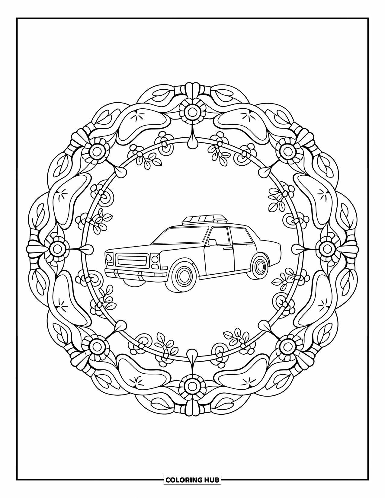 Police Car Coloring Page for Adults: A police car is centered in a leafy mandala ringed by vines and floral spirals