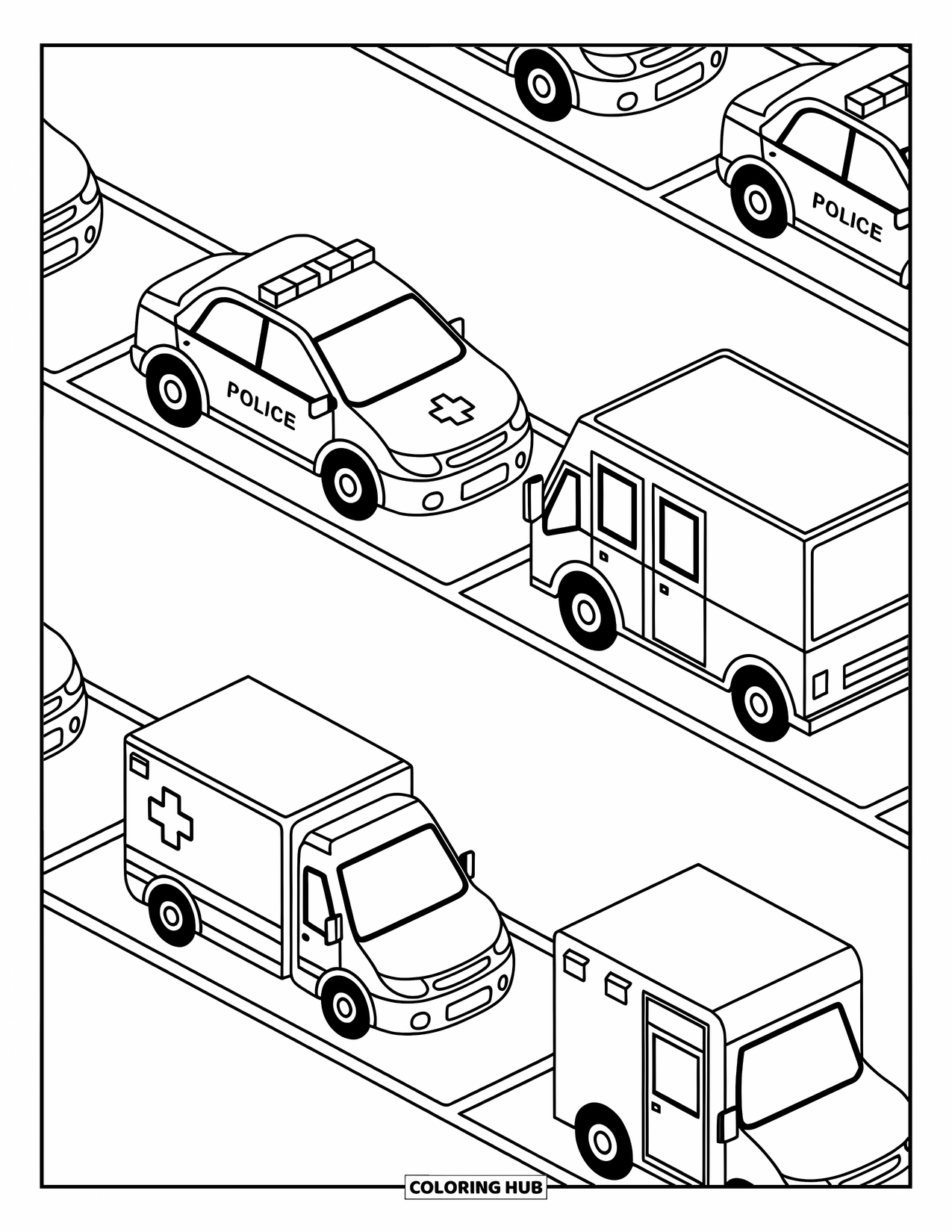 Police Car Coloring Page for Adults: A police car joins other service vehicles in a neat lot drawn with soft doodle lines