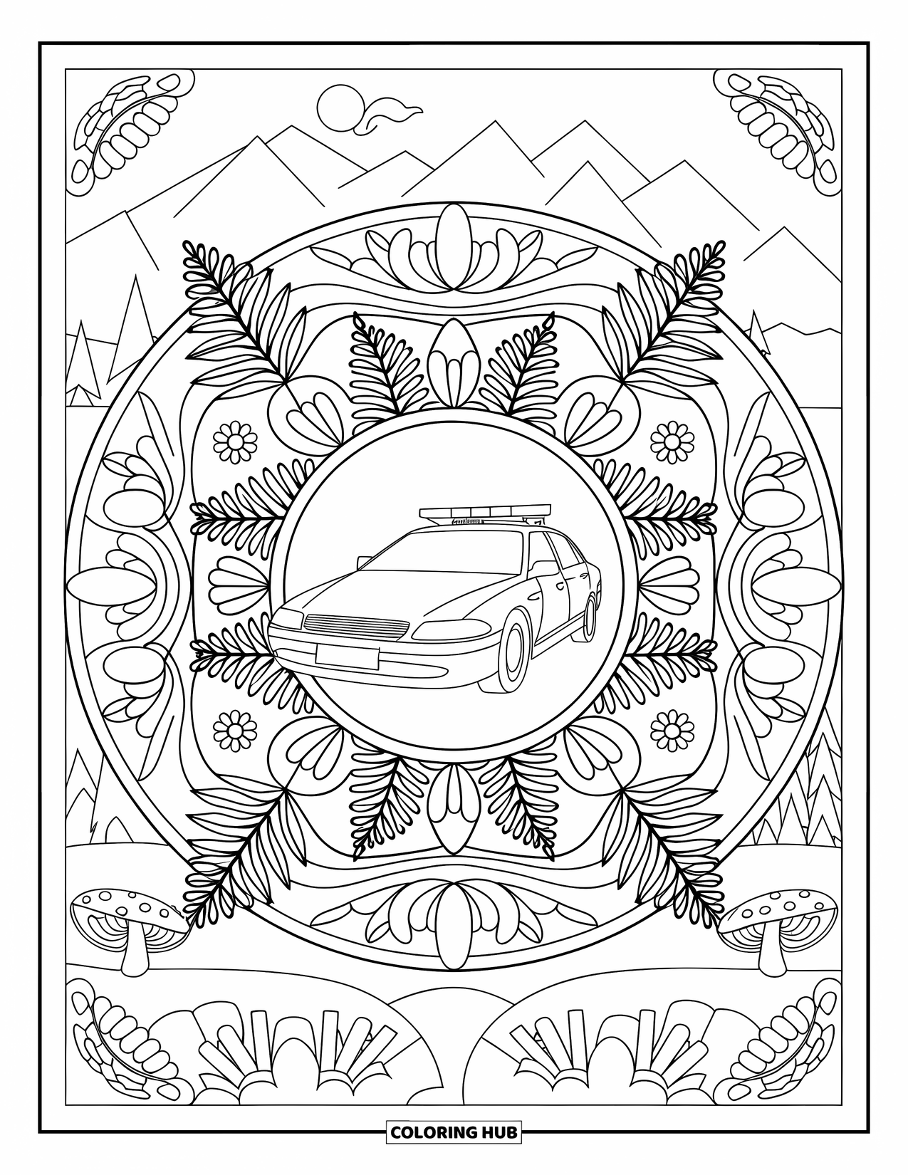 Police Car Coloring Page for Adults: A police car rests at the center of a garden mandala filled with ferns and daisies